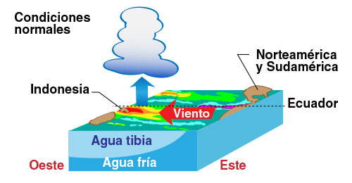 cartoon of normal winds, weather, and cloud formation in the Pacific Ocean