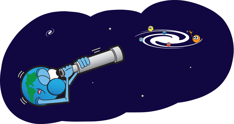 Cartoon telescope looking at planets in a galaxy