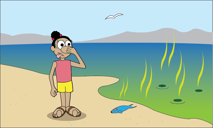 a character holding her nose next to a green ocean with a dead fish