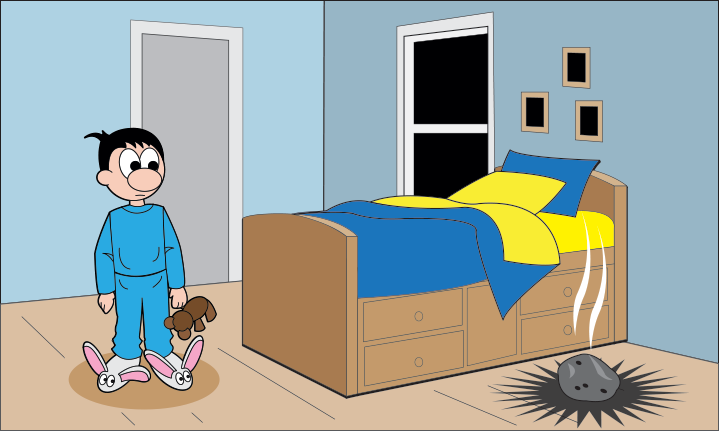 a child in a bedroom looking at a meteorite