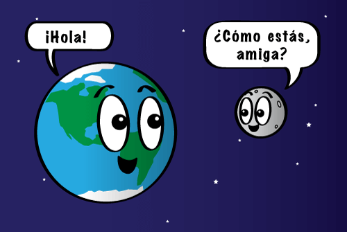 Caricatura de la Luna y la Tierra saludándose: ¡Hola! ¿Cómo estás, amiga?