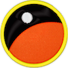 una insignia que muestra un horizonte de un planeta naranja y una luna en el fondo