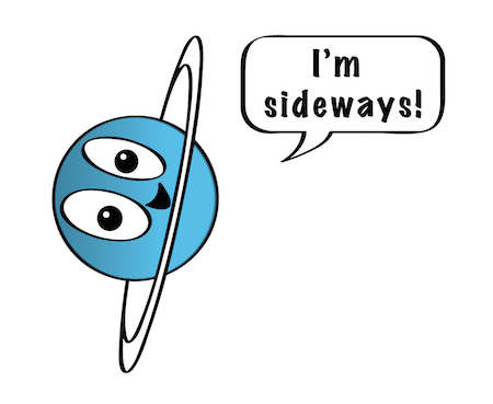 Un dessin animé d'Uranus sur le côté, souriant et disant, je suis de côté !'m sideways!