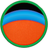 una insignia con un planeta naranja y una gruesa banda azul sobre él