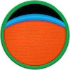 una insignia con un planeta naranja y una delgada banda azul sobre él