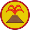 una insignia con un volcán arrojando lava