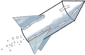 Cartoon paper rocket with animated bubbles coming out of engines.
