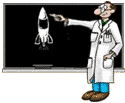Cartoon Dr. Marc explains at a chalk board.