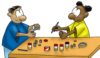 Historieta de un niño y una niña haciendo un experimento con recipientes pequeños en la mesa. 