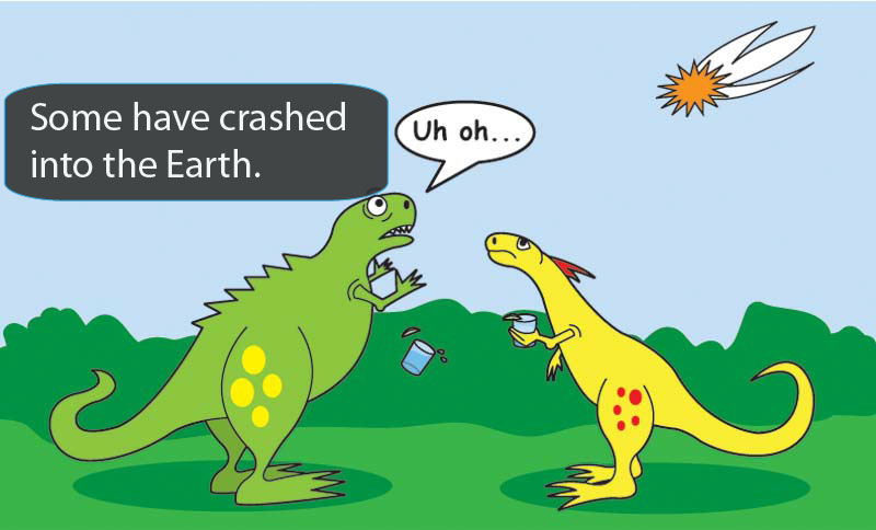 cartoon of two dinosaurs looking at a flaming object in the sky. One says 'Uh-oh!' 