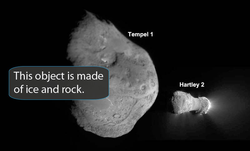 Two oddly shaped space objects up close.