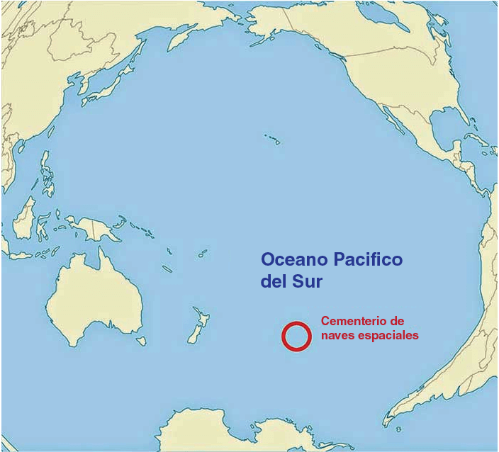 Simple map of Pacific Ocean and surround land masses. Area in South Pacific is circled in red and labeled spacecraft cemetery.