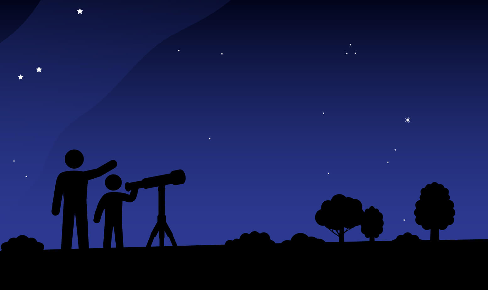 Imagen de la silueta de observadores de estrellas con un telescopio.
