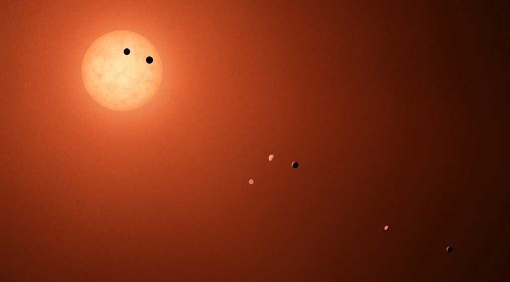 Esta ilustración muestra los siete planetas TRAPPIST-1 como se verían desde la Tierra con un telescopio de ficción increíblemente poderoso.