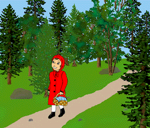 Red Riding Hood strolling in a diverse forest