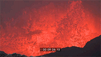 a gif of a volcano eruption with lava bursting upward