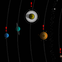una captura de pantalla del juego Explorador de Volcanes Espaciales que muestra planetas en nuestro sistema solar con signos de exclamación rojos arriba