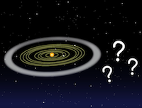 Ilustración de la sistema solar con signos de interrogación más allá del sistema solar.