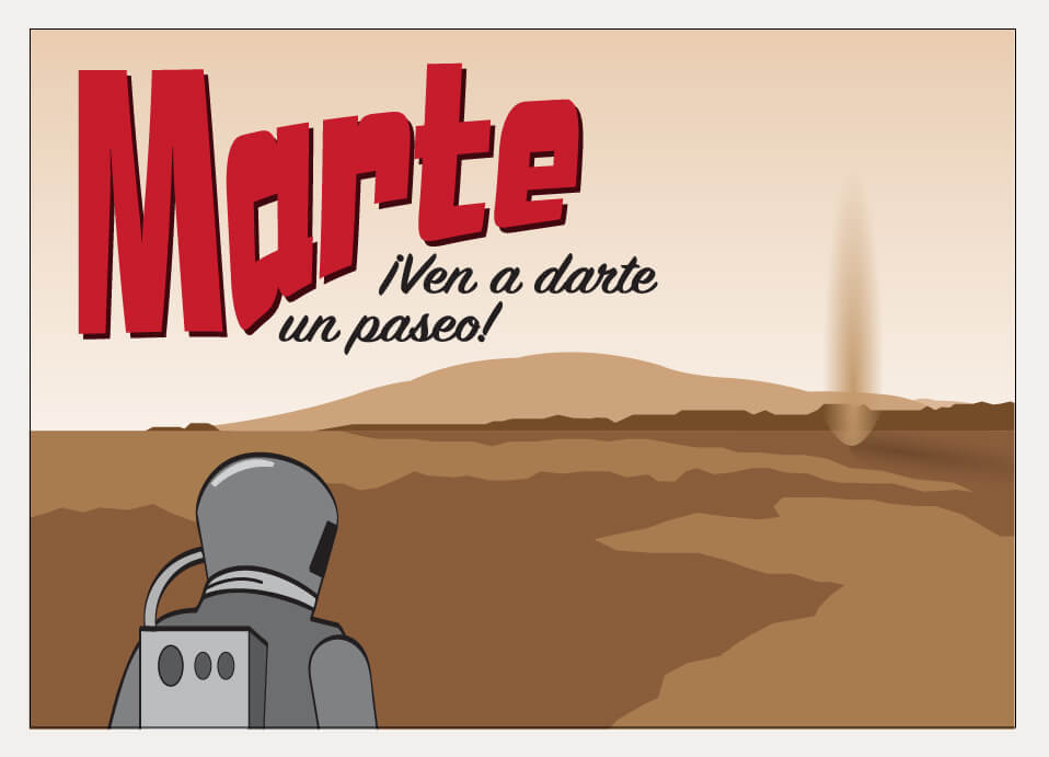 A stylized postcard illustration of the surface of Mars.