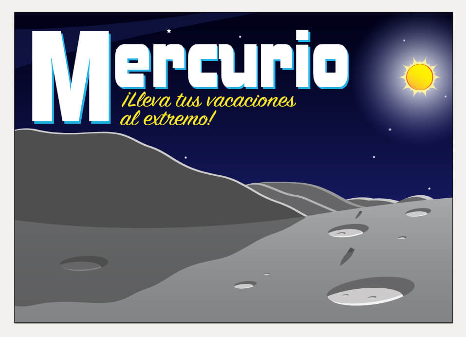 A stylized postcard illustration of the surface of Mercury.