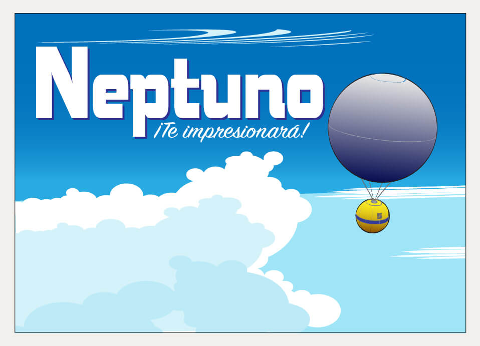 A stylized postcard illustration of Neptune.