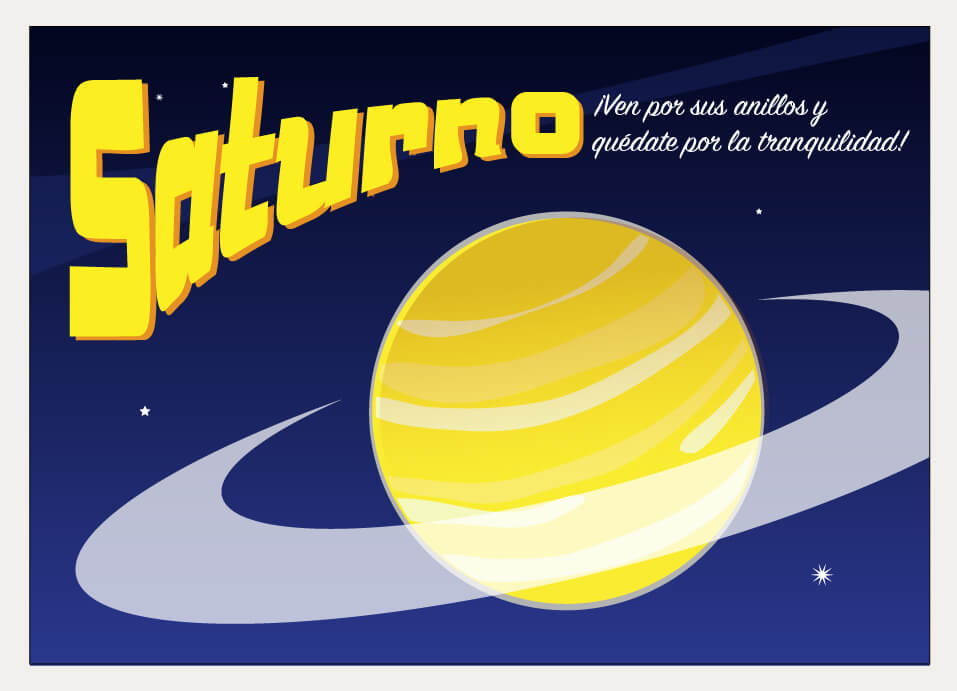 A stylized postcard illustration of Saturn.