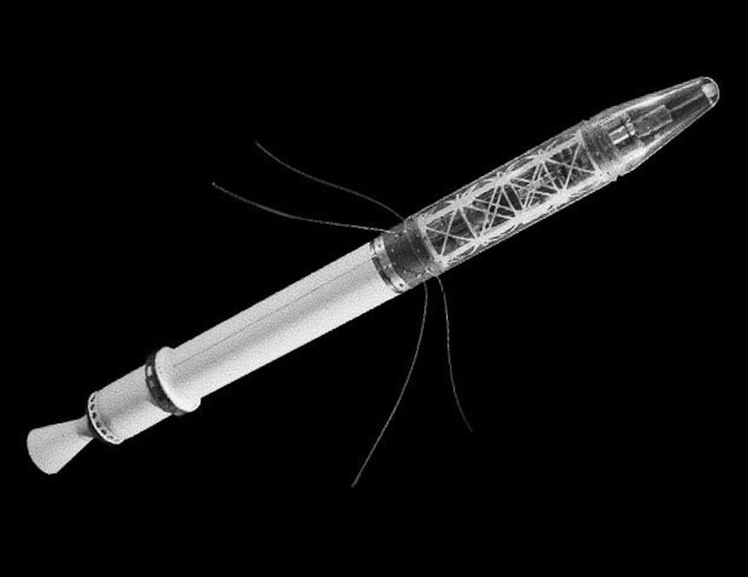 First U.S. satellite and the first satellite to carry science instruments. The satellite looks like a white and black pen on a black background.