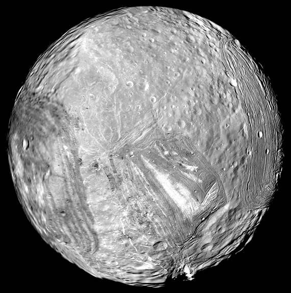 Miranda, an icy moon of Uranus.