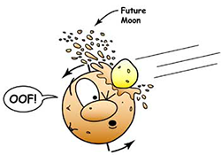 Cartoon of large object hitting Earth, knocking out big chunks of material that become the future Moon, and tilting the Earth's axis.