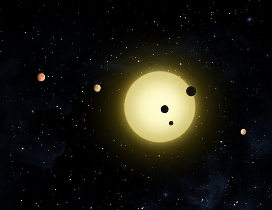 Representación artística de una estrella rodeada de exoplanetas en órbita.