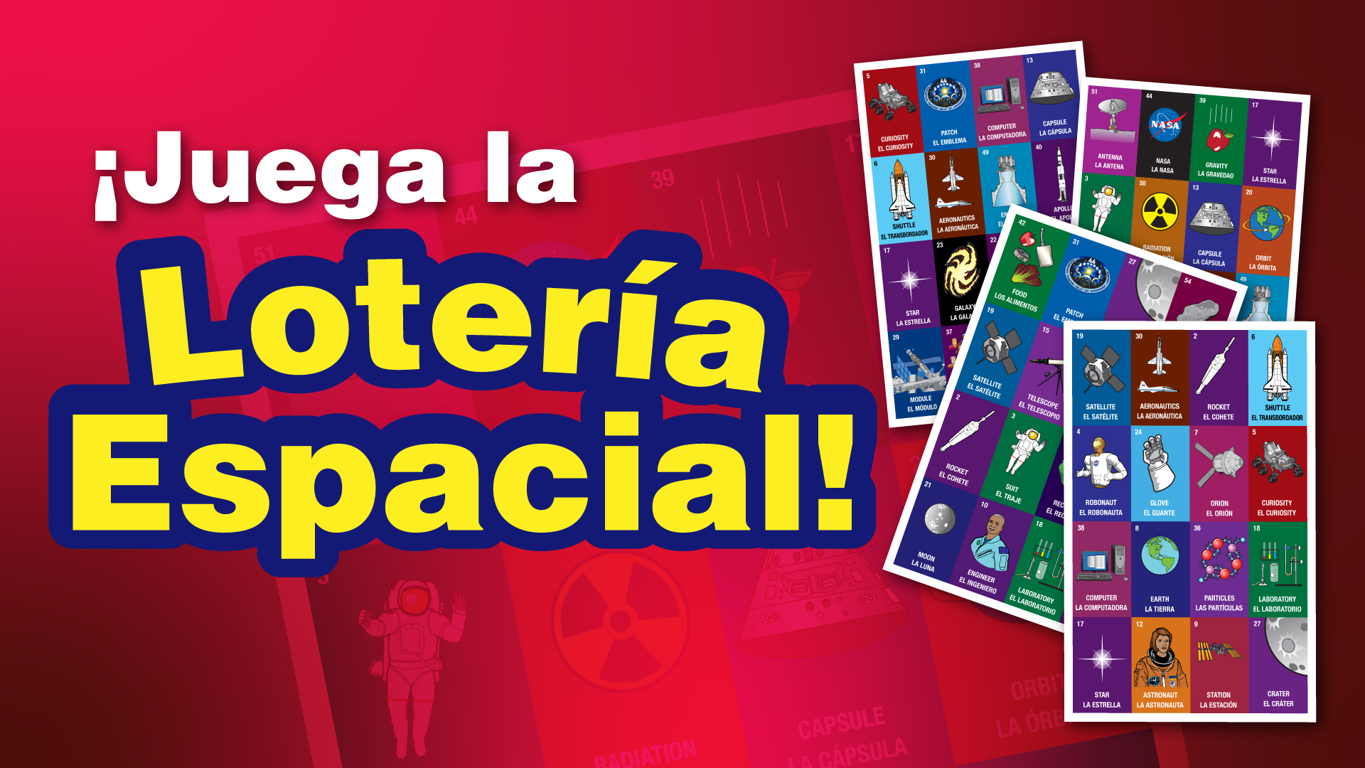 El texto dice Juega la Lotería Espacial y hay cuatro tarjetas de juego esparcidas junto al texto.