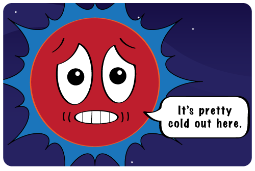A red giant Sun cartoon saying, it is pretty cold out here.