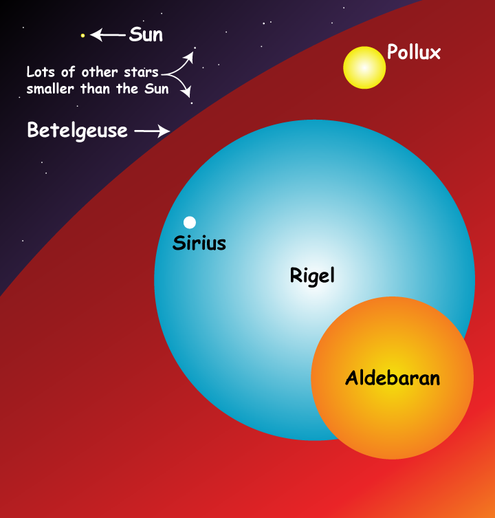 a cartoon showing the size comparison of our sun, other suns, Betelgeuse, Pollux, Sirius, Rigel, and Aldebaran