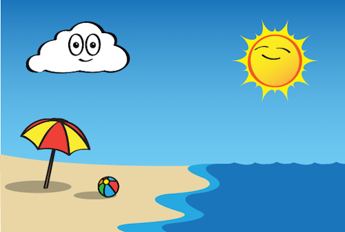 una ilustración de un beath con una sombrilla, una pelota de playa y el sol brillando en el cielo.