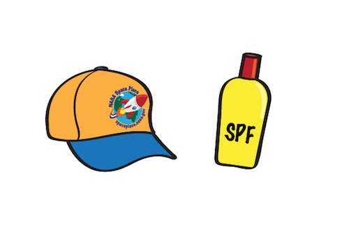 una ilustración de un sombrero y una botella de protector solar.