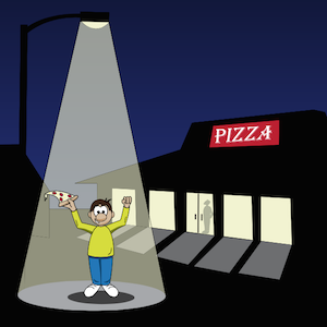 Cartoon of a child holding a piece of pizza and standing outside a pizza restaurant.