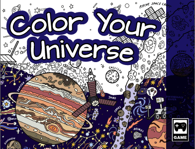 Game box art for the game Color Your Universe. The text 'Color Your Universe' is over a coloring page featuring Jupiter and spacecraft. The coloring page is half colored in.