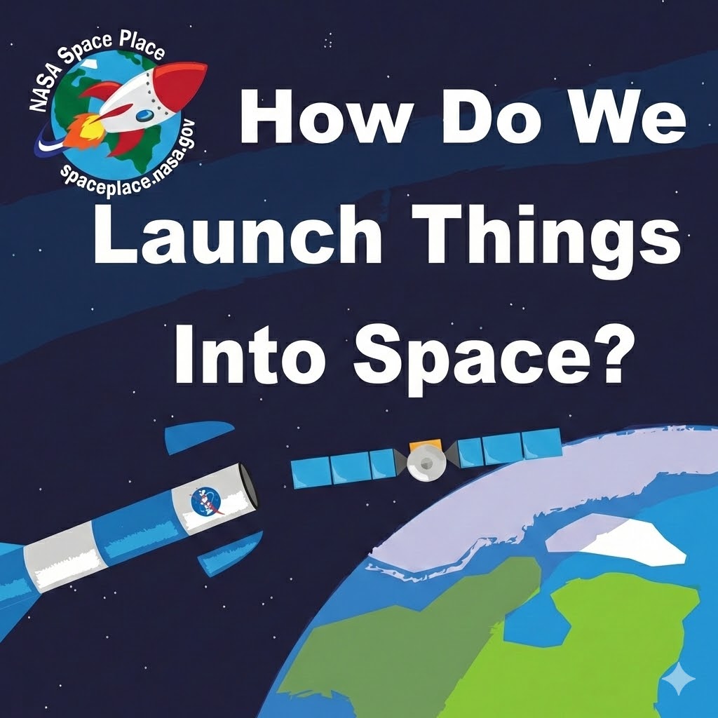 An illustration of a NASA rocket in space, deploying a satellite into orbit above Earth with the text 'How Do We Launch Things Into Space?' in a square format.