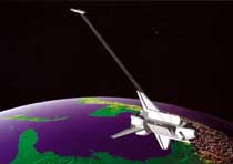 Artist's rendering, Space Shuttle with SRTM radars flies above Earth.