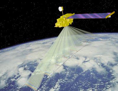 visualisering af MISR-instrumentet.MISR-instrumentet på Terra-satellitten tager billeder fra forskellige vinkler for at se efter tsunamier. Kredit: NASA / JPL / Shigeru Susuki og Eric M. De Jong, solsystem Visualiseringsprojekt