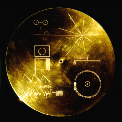 A photo of the golden record that was sent into space on both Voyager 1 and Voyager 2.