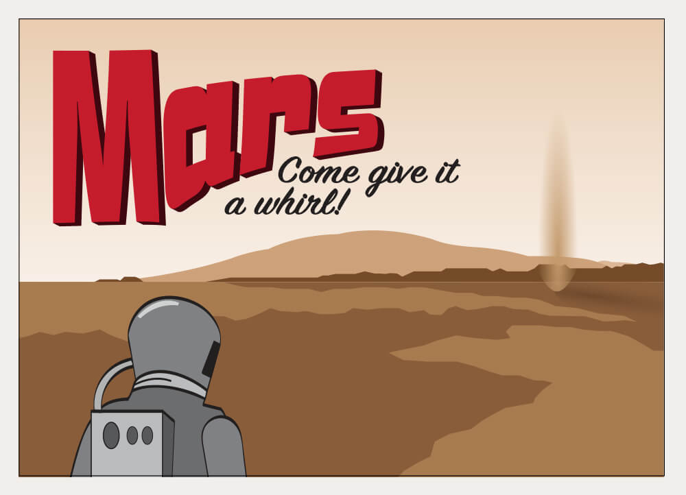 A stylized postcard illustration of the surface of Mars.