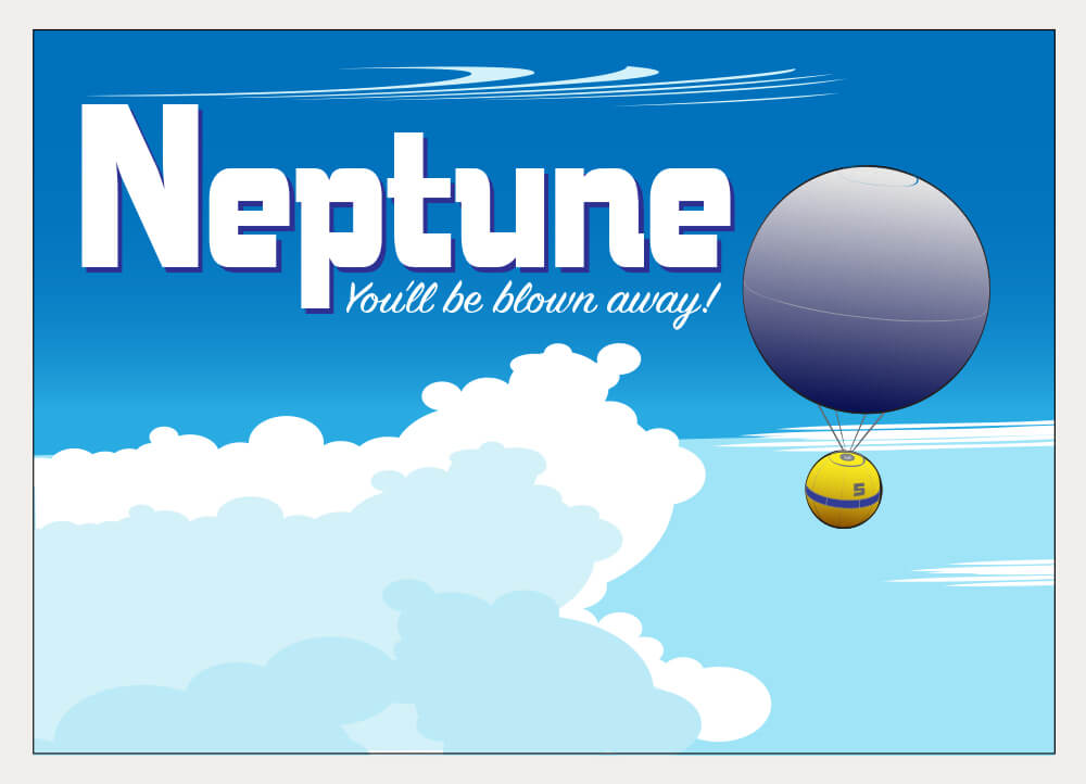 A stylized postcard illustration of Neptune.