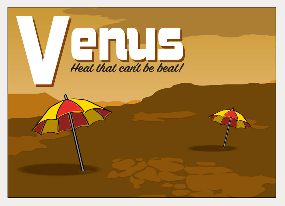 A stylized postcard illustration of the surface of Venus with umbrellas.