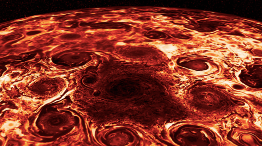 Imagen de Juno que muestra nueve ciclones en el polo norte de Júpiter.
